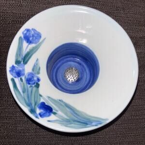 Great Bay Pottery Ikebana Flower Frog Vase Signed Blue Flowers 2002 Vintage